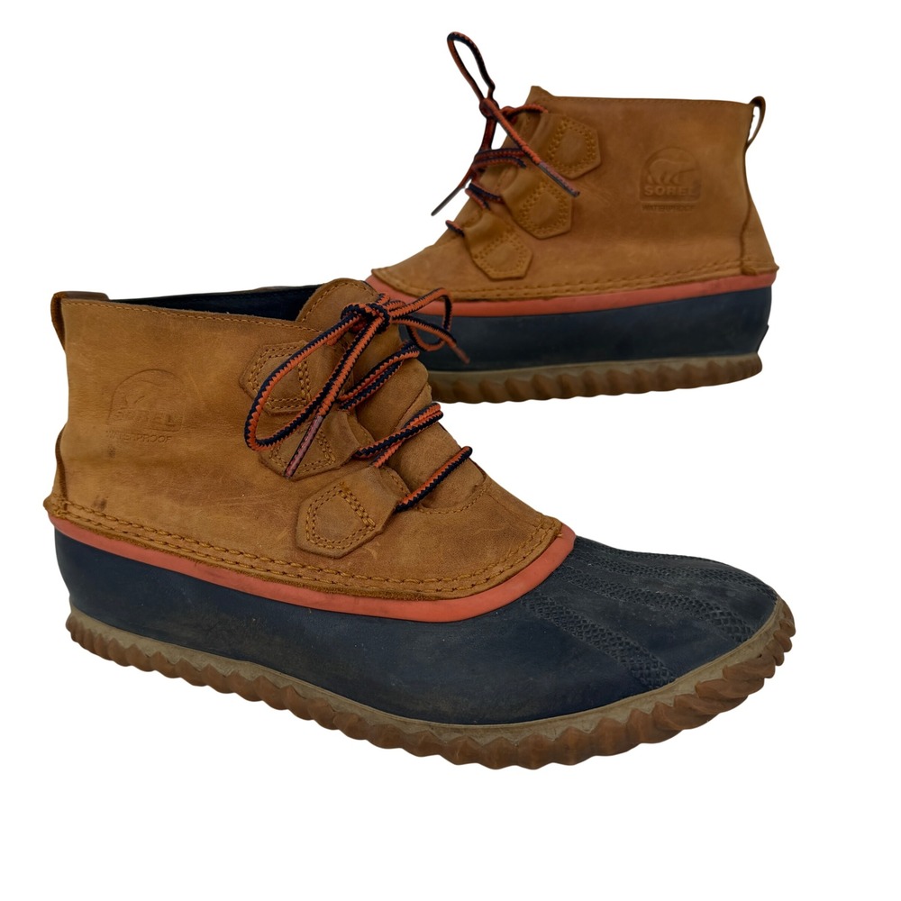 Sorel Out N About Duck Boots Size 9 Tan Navy Waterproof Leather NL2133-273
